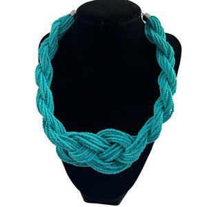 Seed Bead Turquoise Color Necklace Twisted Knotted Silver Tone 20" Long Boho
